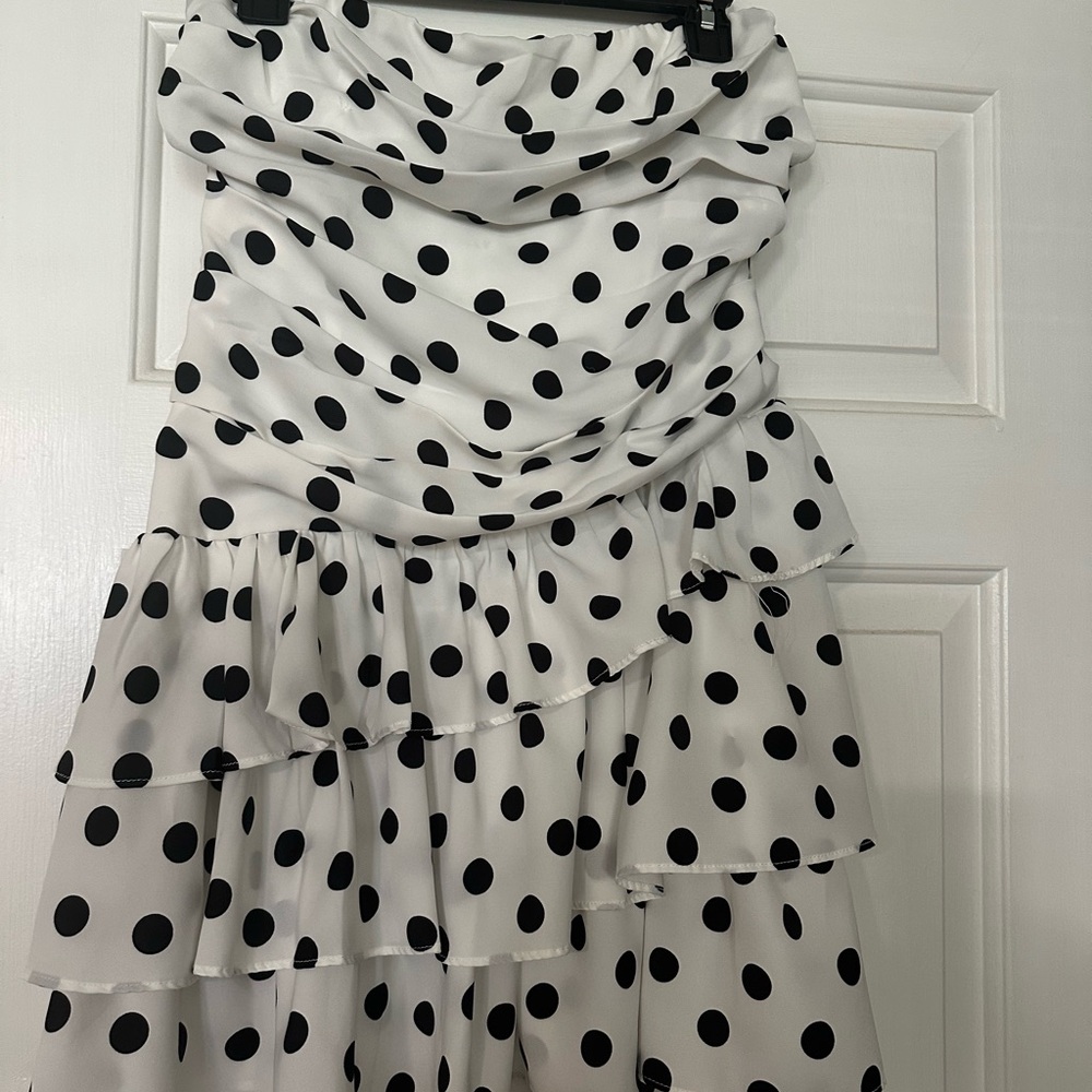 Hello Molly White and Black Polka Dot Tiered Mini Dress